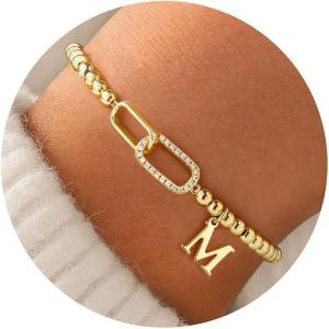 M MOOHAM Initial Bracelets for Women – 14K Gold Plated Cubic Zirconia Interlock Circles Letter A-Z Initial Bracelet, Stretch Beaded Bracelets for Women Jewelry Birthday Gifts(M)