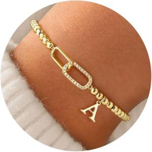 M MOOHAM Initial Bracelets for Women – 14K Gold Plated Cubic Zirconia Interlock Circles Letter A-Z Initial Bracelet, Stretch Beaded Bracelets for Women Jewelry Birthday Gifts(A.)