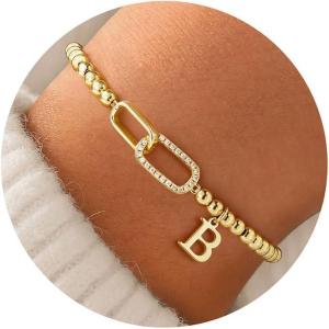 M MOOHAM Initial Bracelets for Women – 14K Gold Plated Cubic Zirconia Interlock Circles Letter A-Z Initial Bracelet, Stretch Beaded Bracelets for Women Jewelry Birthday Gifts(B)