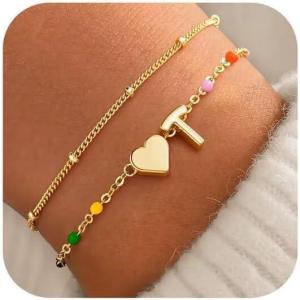 M MOOHAM Valentines Gifts for Kids Her Women – Dainty Heart Initial Bracelet 14K-Gold-Plated Bracelet Colorful Link Charm Bracelets Jewelry Valentines Gifts for Kids Her Women Teen Girls(T)