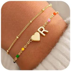M MOOHAM Valentines Gifts for Kids Her Women – Dainty Heart Initial Bracelet 14K-Gold-Plated Bracelet Colorful Link Charm Bracelets Jewelry Valentines Gifts for Kids Her Women Teen Girls(R)