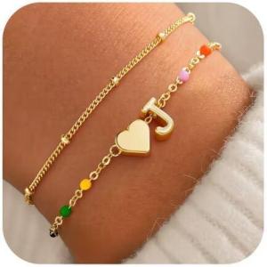 M MOOHAM Valentines Gifts for Kids Her Women – Dainty Heart Initial Bracelet 14K-Gold-Plated Bracelet Colorful Link Charm Bracelets Jewelry Valentines Gifts for Kids Her Women Teen Girls(J)