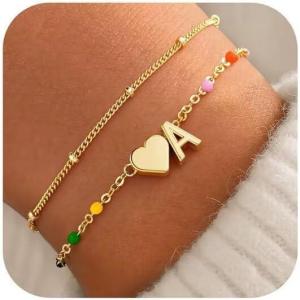 M MOOHAM Valentines Gifts for Kids Her Women – Dainty Heart Initial Bracelet 14K-Gold-Plated Bracelet Colorful Link Charm Bracelets Jewelry Valentines Gifts for Kids Her Women Teen Girls(A.)