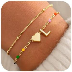 M MOOHAM Valentines Gifts for Kids Her Women – Dainty Heart Initial Bracelet 14K-Gold-Plated Bracelet Colorful Link Charm Bracelets Jewelry Valentines Gifts for Kids Her Women Teen Girls(L)