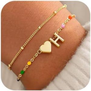 M MOOHAM Valentines Gifts for Kids Her Women – Dainty Heart Initial Bracelet 14K-Gold-Plated Bracelet Colorful Link Charm Bracelets Jewelry Valentines Gifts for Kids Her Women Teen Girls(H)