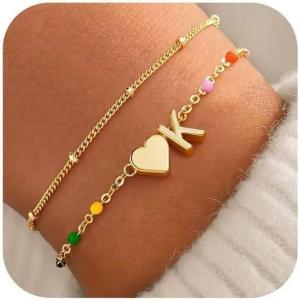 M MOOHAM Valentines Gifts for Kids Her Women – Dainty Heart Initial Bracelet 14K-Gold-Plated Bracelet Colorful Link Charm Bracelets Jewelry Valentines Gifts for Kids Her Women Teen Girls(K)