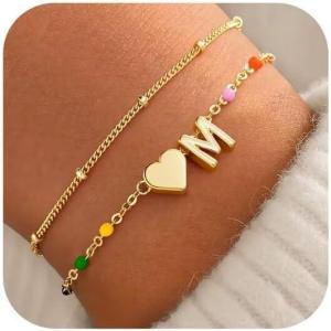 M MOOHAM Valentines Gifts for Kids Her Women – Dainty Heart Initial Bracelet 14K-Gold-Plated Bracelet Colorful Link Charm Bracelets Jewelry Valentines Gifts for Kids Her Women Teen Girls(M)