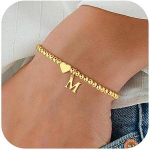 M MOOHAM Valentines Gifts for Kids Her Women – Dainty Heart Initial Bracelets for Women Girls, 14K-Gold-Plated Beaded Heart Initial Bracelets for Teen Girls Jewelry Birthday Gifts(M)