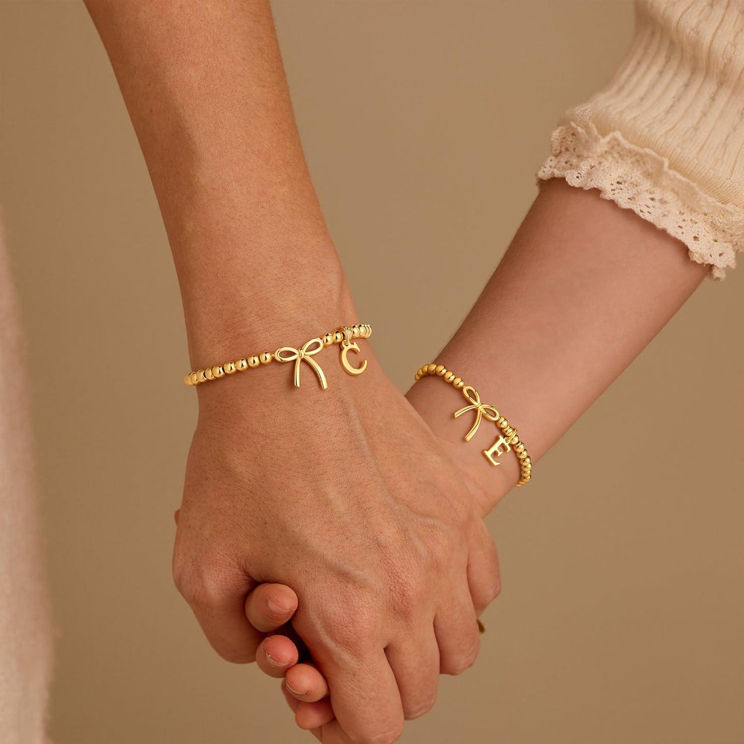 imageM MOOHAM Valentines Day Gifts for Her Women 14K Gold Plated Letter AZ Beaded Bracelet for Teen Girls Charm Stretch Initial Bracelets Women Dainty Bow Jewelry Personalized Birthday GiftsJ