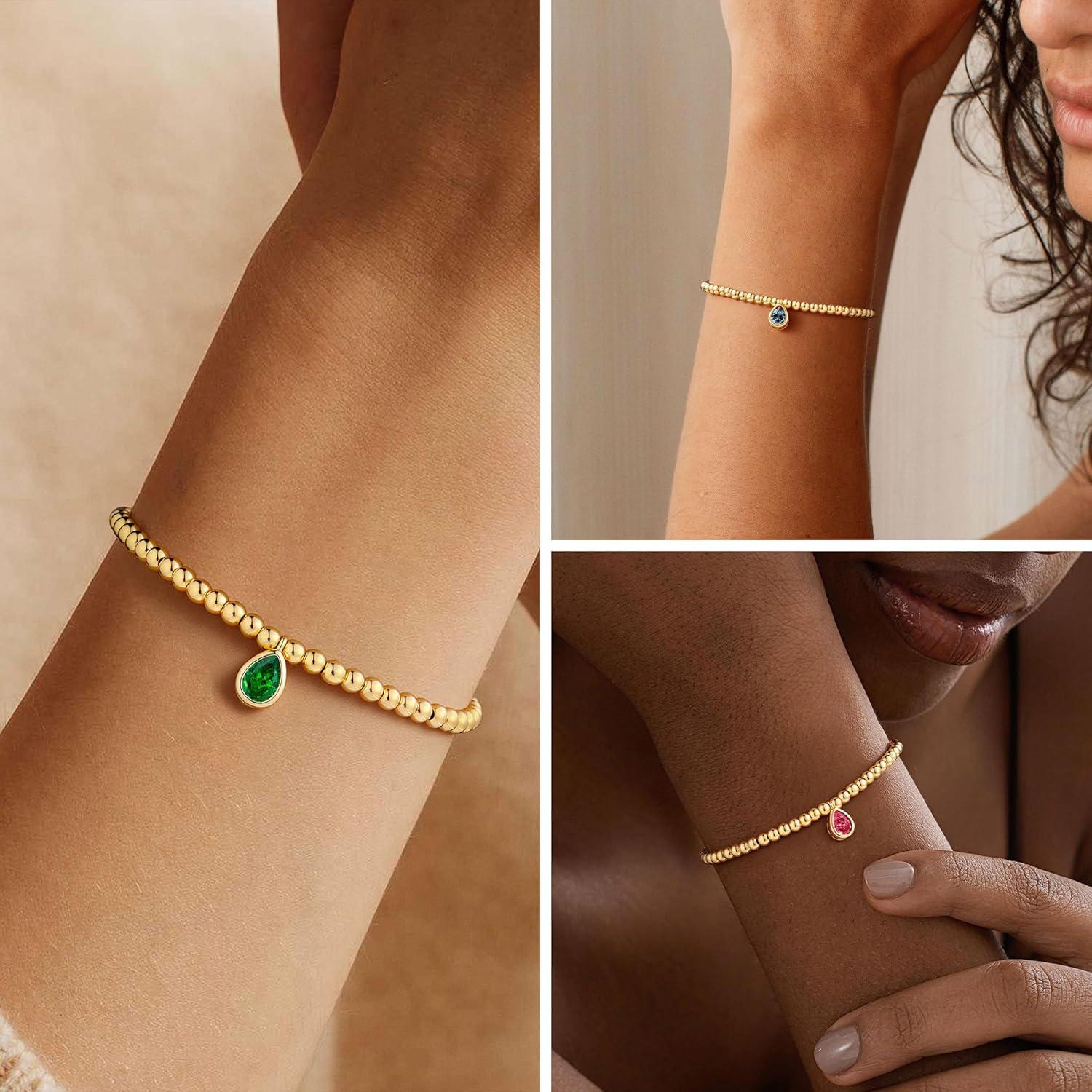 imageM MOOHAM Valentines Gifts for Her Kids Girls Stretch Birthstone Bracelet for Girl Dainty 14KGoldPlated Beaded Bracelet Trendy Teardrop Birthstone Bracelets Birthday Jewelry Gifts for Women Girls08AugustPeridot Olive Green