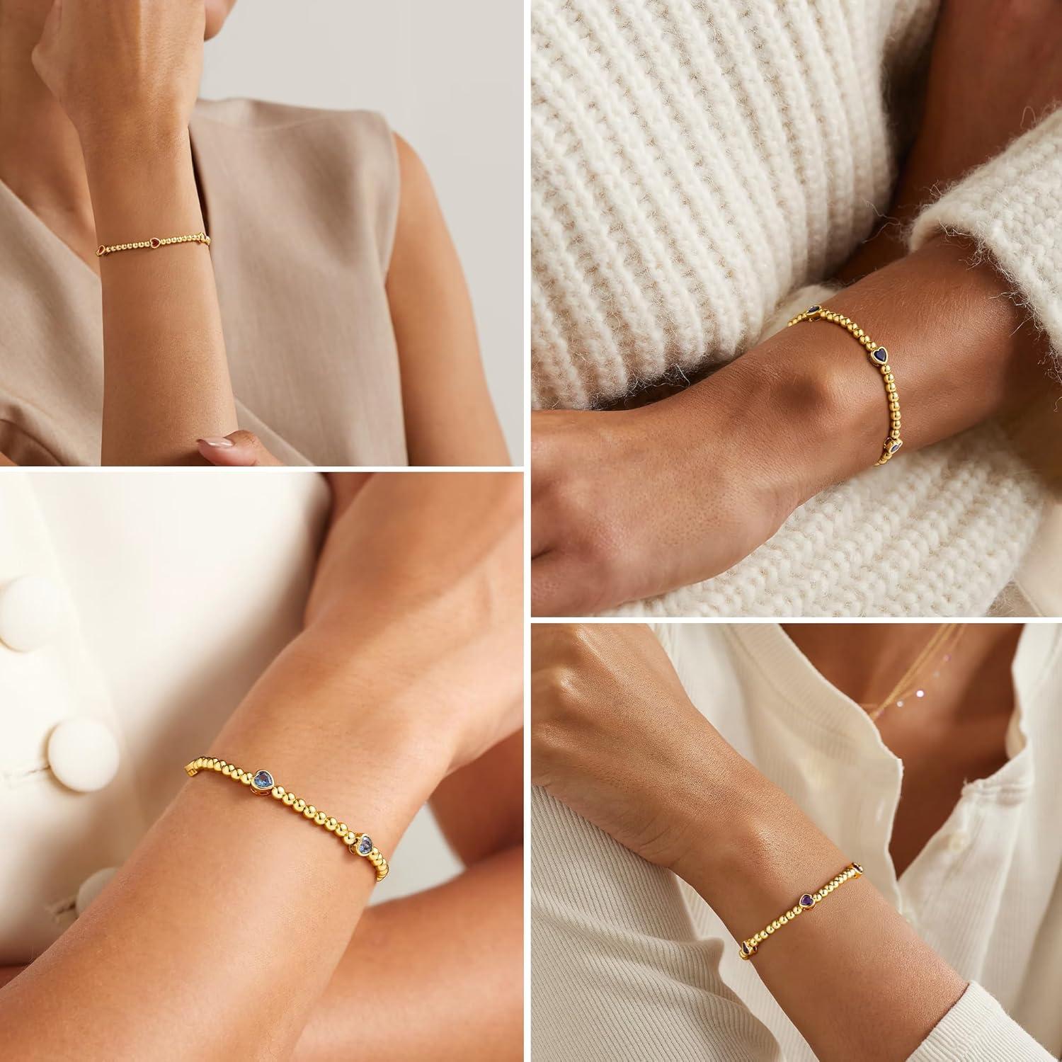 imageM MOOHAM Valentines Gifts for Her Women Valentines Day Heart Birthstone Bracelet Dainty 14KGoldPlated Heart CZ Birthstone Bracelets Elastic Beaded Trendy Jewelry Bracelet Birthday Gifts for Women02FebruaryAmethyst Purple