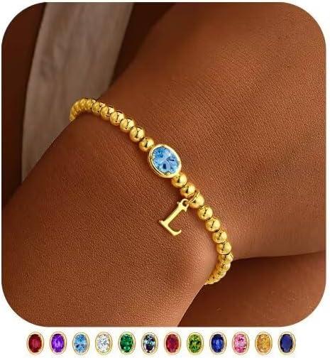imageM MOOHAM Valentines Gifts for Her Women Kids Initial Birthstone Bracelet Elastic 14KGoldPlated Bead Bracelets Birthstone Bracelets Jewelry Valentines Gifts for Mom Sister Wife Girlfriend Teen GirlL