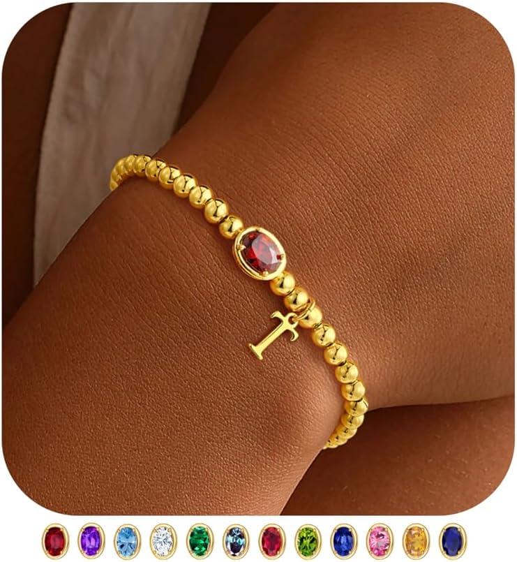 imageM MOOHAM Valentines Gifts for Her Women Kids Initial Birthstone Bracelet Elastic 14KGoldPlated Bead Bracelets Birthstone Bracelets Jewelry Valentines Gifts for Mom Sister Wife Girlfriend Teen GirlT