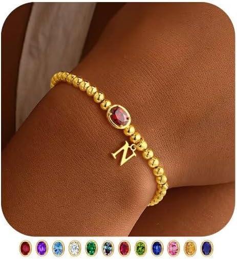 imageM MOOHAM Valentines Gifts for Her Women Kids Initial Birthstone Bracelet Elastic 14KGoldPlated Bead Bracelets Birthstone Bracelets Jewelry Valentines Gifts for Mom Sister Wife Girlfriend Teen GirlN