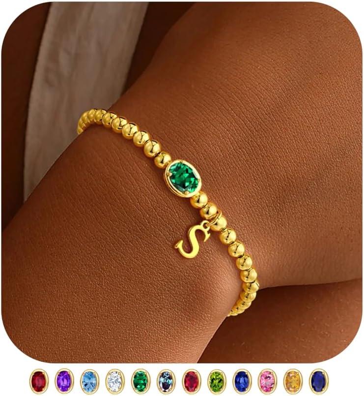 imageM MOOHAM Valentines Gifts for Her Women Kids Initial Birthstone Bracelet Elastic 14KGoldPlated Bead Bracelets Birthstone Bracelets Jewelry Valentines Gifts for Mom Sister Wife Girlfriend Teen GirlS