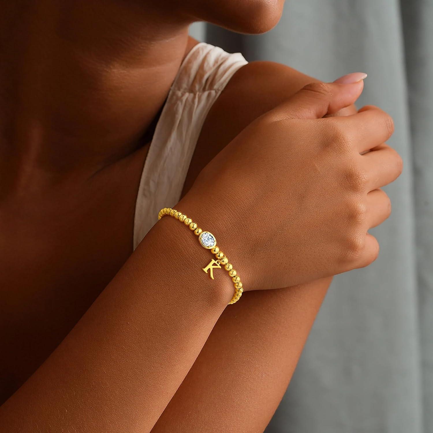 imageM MOOHAM Valentines Gifts for Her Women Kids Initial Birthstone Bracelet Elastic 14KGoldPlated Bead Bracelets Birthstone Bracelets Jewelry Valentines Gifts for Mom Sister Wife Girlfriend Teen GirlK