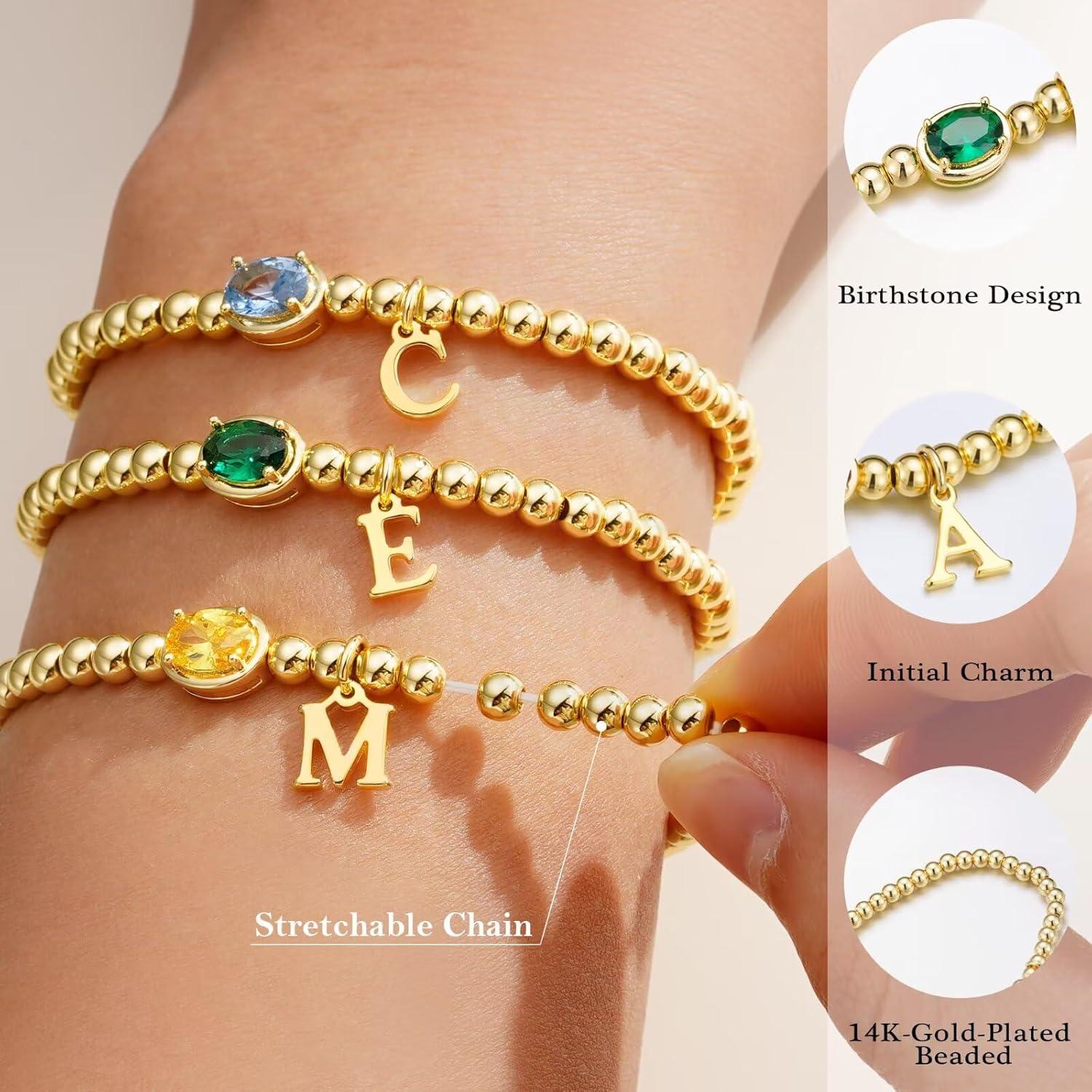 imageM MOOHAM Valentines Gifts for Her Women Kids Initial Birthstone Bracelet Elastic 14KGoldPlated Bead Bracelets Birthstone Bracelets Jewelry Valentines Gifts for Mom Sister Wife Girlfriend Teen GirlM