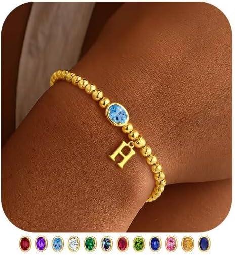 imageM MOOHAM Valentines Gifts for Her Women Kids Initial Birthstone Bracelet Elastic 14KGoldPlated Bead Bracelets Birthstone Bracelets Jewelry Valentines Gifts for Mom Sister Wife Girlfriend Teen GirlH