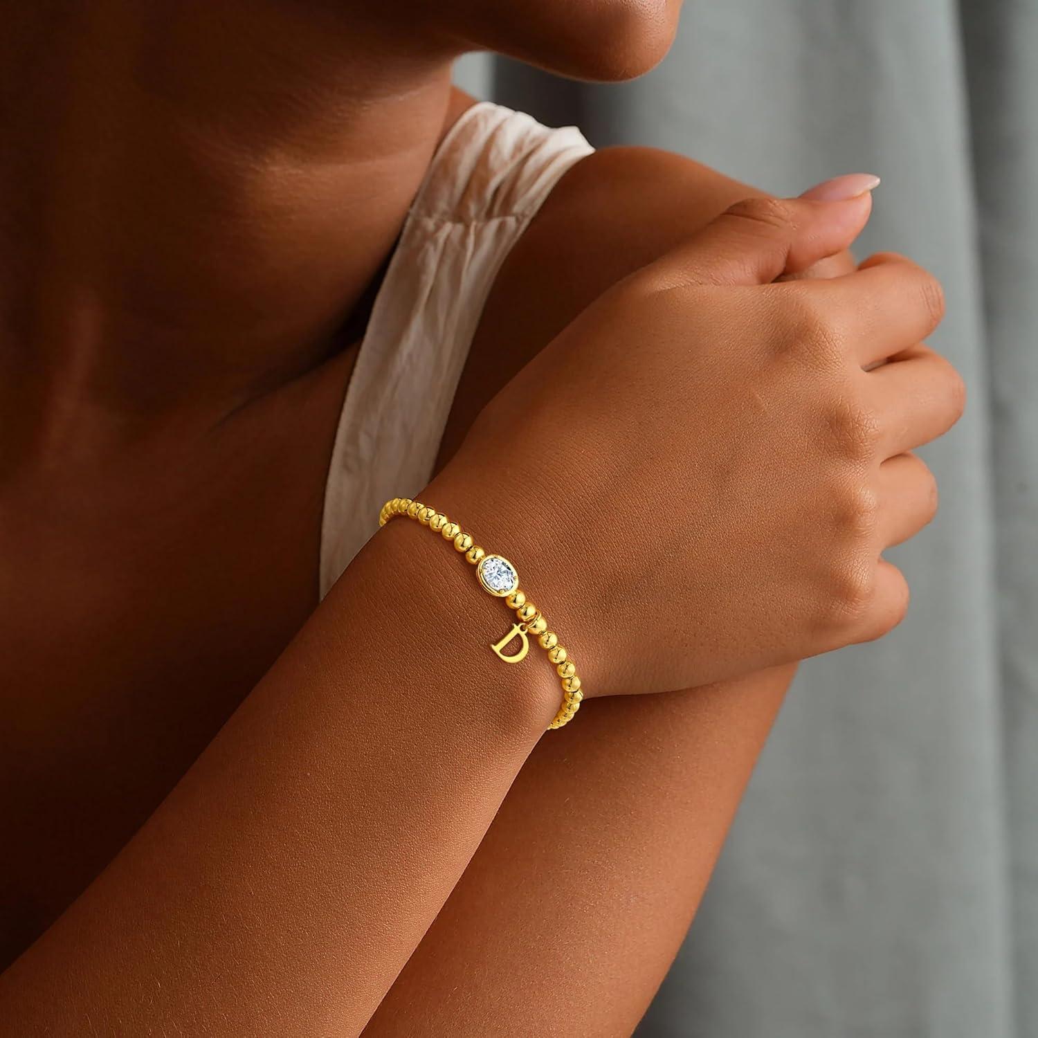 imageM MOOHAM Valentines Gifts for Her Women Kids Initial Birthstone Bracelet Elastic 14KGoldPlated Bead Bracelets Birthstone Bracelets Jewelry Valentines Gifts for Mom Sister Wife Girlfriend Teen GirlD
