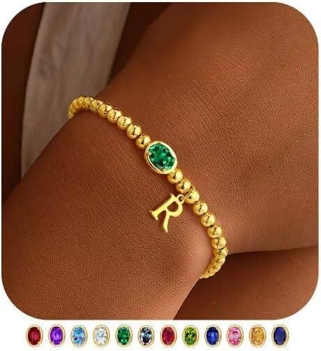 imageM MOOHAM Valentines Gifts for Her Women Kids Initial Birthstone Bracelet Elastic 14KGoldPlated Bead Bracelets Birthstone Bracelets Jewelry Valentines Gifts for Mom Sister Wife Girlfriend Teen GirlR