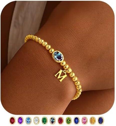 imageM MOOHAM Valentines Gifts for Her Women Kids Initial Birthstone Bracelet Elastic 14KGoldPlated Bead Bracelets Birthstone Bracelets Jewelry Valentines Gifts for Mom Sister Wife Girlfriend Teen GirlM
