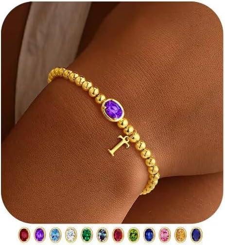 imageM MOOHAM Valentines Gifts for Her Women Kids Initial Birthstone Bracelet Elastic 14KGoldPlated Bead Bracelets Birthstone Bracelets Jewelry Valentines Gifts for Mom Sister Wife Girlfriend Teen GirlT