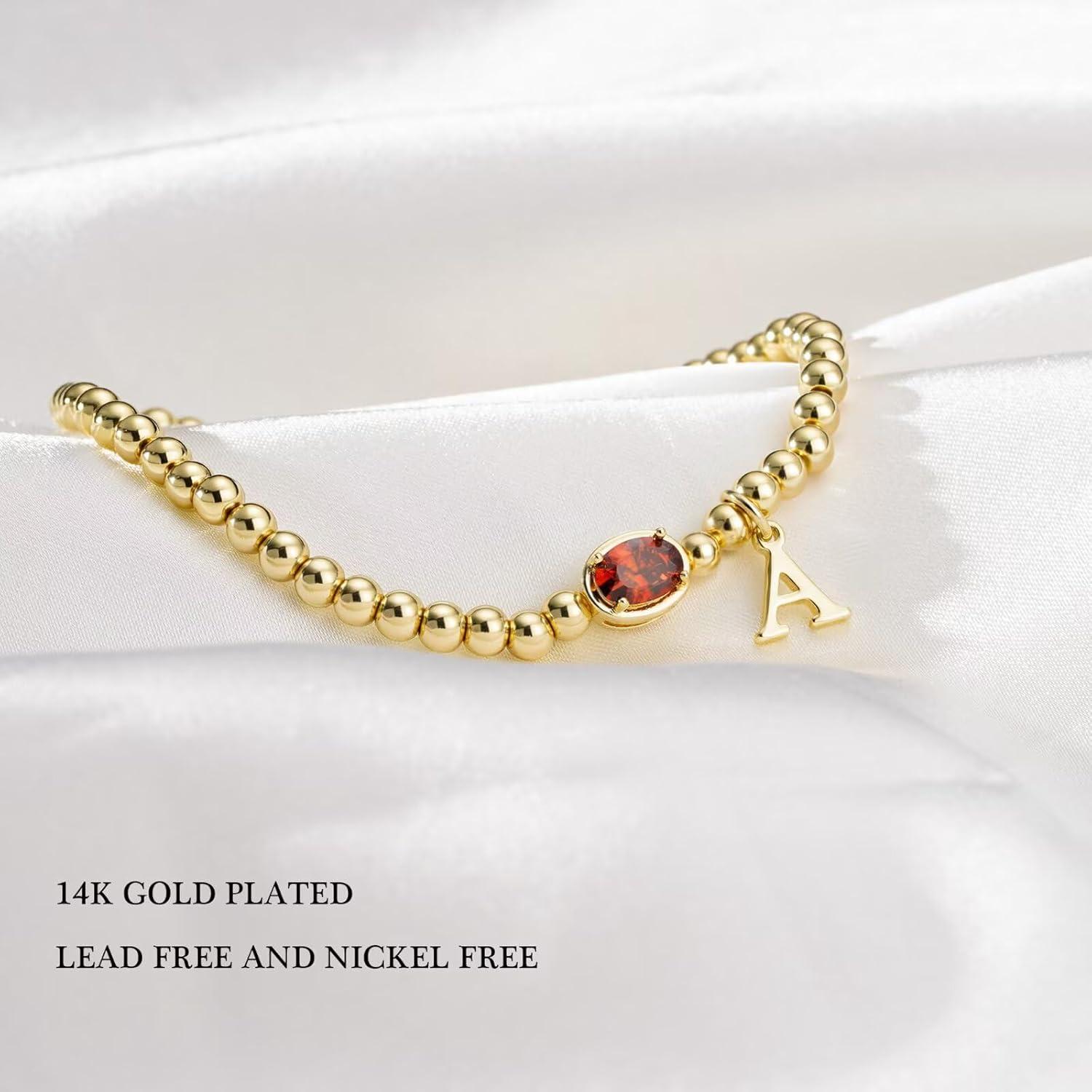 imageM MOOHAM Valentines Gifts for Her Women Kids Initial Birthstone Bracelet Elastic 14KGoldPlated Bead Bracelets Birthstone Bracelets Jewelry Valentines Gifts for Mom Sister Wife Girlfriend Teen GirlR