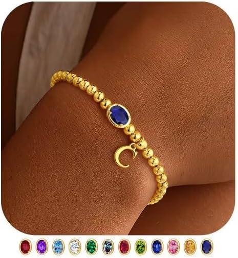 imageM MOOHAM Valentines Gifts for Her Women Kids Initial Birthstone Bracelet Elastic 14KGoldPlated Bead Bracelets Birthstone Bracelets Jewelry Valentines Gifts for Mom Sister Wife Girlfriend Teen GirlC