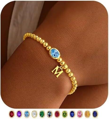 imageM MOOHAM Valentines Gifts for Her Women Kids Initial Birthstone Bracelet Elastic 14KGoldPlated Bead Bracelets Birthstone Bracelets Jewelry Valentines Gifts for Mom Sister Wife Girlfriend Teen GirlM
