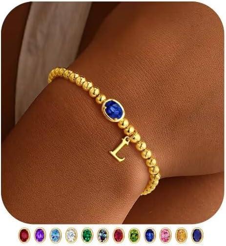imageM MOOHAM Valentines Gifts for Her Women Kids Initial Birthstone Bracelet Elastic 14KGoldPlated Bead Bracelets Birthstone Bracelets Jewelry Valentines Gifts for Mom Sister Wife Girlfriend Teen GirlL