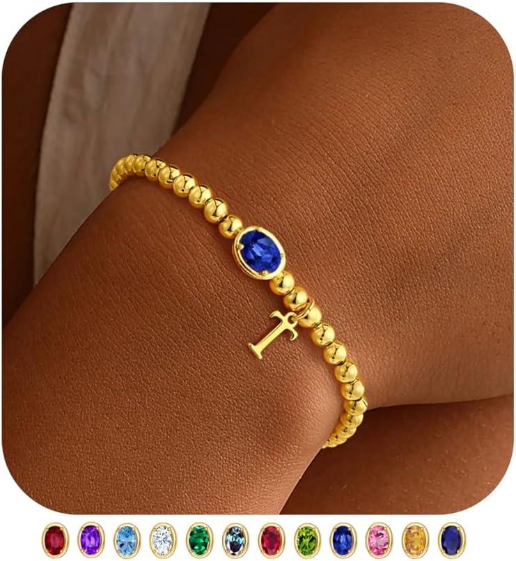 imageM MOOHAM Valentines Gifts for Her Women Kids Initial Birthstone Bracelet Elastic 14KGoldPlated Bead Bracelets Birthstone Bracelets Jewelry Valentines Gifts for Mom Sister Wife Girlfriend Teen GirlT