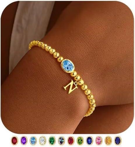 imageM MOOHAM Valentines Gifts for Her Women Kids Initial Birthstone Bracelet Elastic 14KGoldPlated Bead Bracelets Birthstone Bracelets Jewelry Valentines Gifts for Mom Sister Wife Girlfriend Teen GirlN