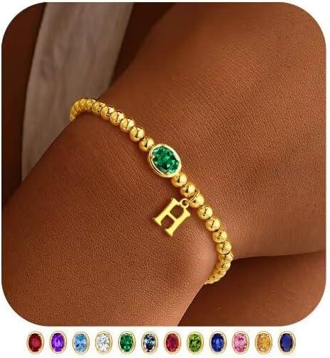 imageM MOOHAM Valentines Gifts for Her Women Kids Initial Birthstone Bracelet Elastic 14KGoldPlated Bead Bracelets Birthstone Bracelets Jewelry Valentines Gifts for Mom Sister Wife Girlfriend Teen GirlH