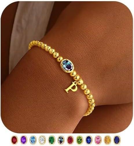 imageM MOOHAM Valentines Gifts for Her Women Kids Initial Birthstone Bracelet Elastic 14KGoldPlated Bead Bracelets Birthstone Bracelets Jewelry Valentines Gifts for Mom Sister Wife Girlfriend Teen GirlP