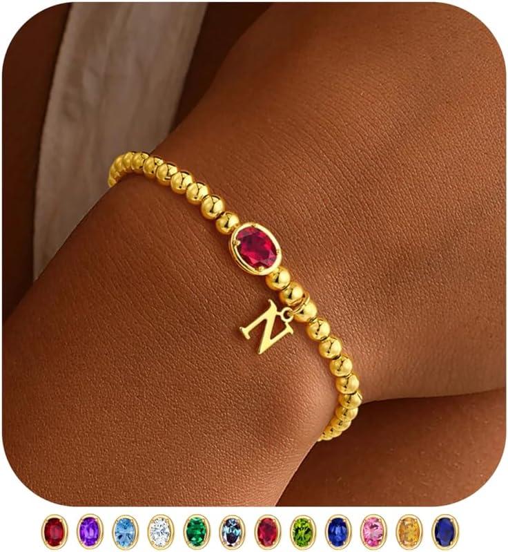 imageM MOOHAM Valentines Gifts for Her Women Kids Initial Birthstone Bracelet Elastic 14KGoldPlated Bead Bracelets Birthstone Bracelets Jewelry Valentines Gifts for Mom Sister Wife Girlfriend Teen GirlN