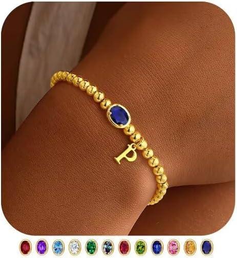 imageM MOOHAM Valentines Gifts for Her Women Kids Initial Birthstone Bracelet Elastic 14KGoldPlated Bead Bracelets Birthstone Bracelets Jewelry Valentines Gifts for Mom Sister Wife Girlfriend Teen GirlP