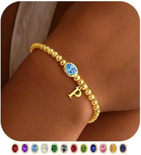 imageM MOOHAM Valentines Gifts for Her Women Kids Initial Birthstone Bracelet Elastic 14KGoldPlated Bead Bracelets Birthstone Bracelets Jewelry Valentines Gifts for Mom Sister Wife Girlfriend Teen GirlP