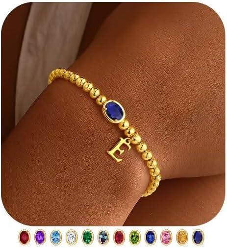 imageM MOOHAM Valentines Gifts for Her Women Kids Initial Birthstone Bracelet Elastic 14KGoldPlated Bead Bracelets Birthstone Bracelets Jewelry Valentines Gifts for Mom Sister Wife Girlfriend Teen GirlE