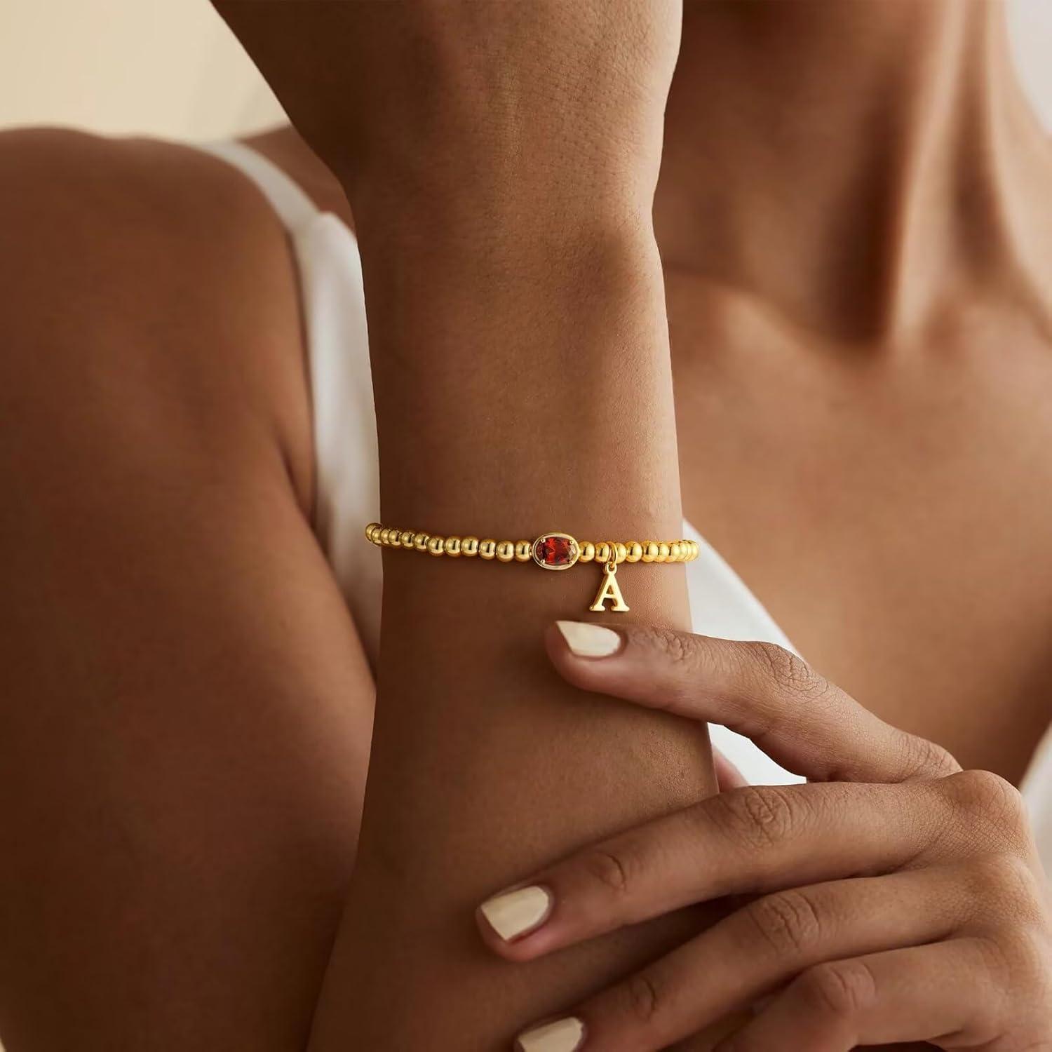 imageM MOOHAM Valentines Gifts for Her Women Kids Initial Birthstone Bracelet Elastic 14KGoldPlated Bead Bracelets Birthstone Bracelets Jewelry Valentines Gifts for Mom Sister Wife Girlfriend Teen GirlL