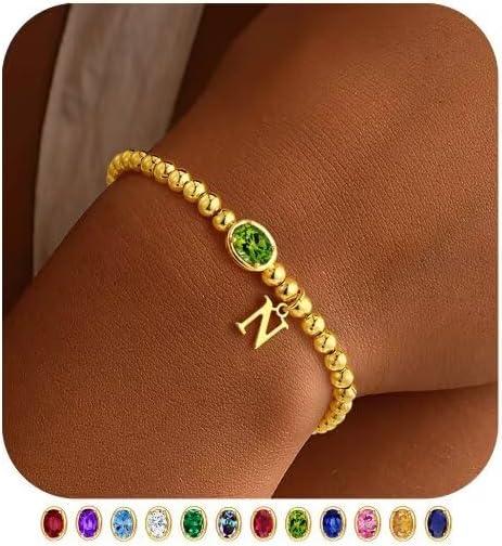 imageM MOOHAM Valentines Gifts for Her Women Kids Initial Birthstone Bracelet Elastic 14KGoldPlated Bead Bracelets Birthstone Bracelets Jewelry Valentines Gifts for Mom Sister Wife Girlfriend Teen GirlN