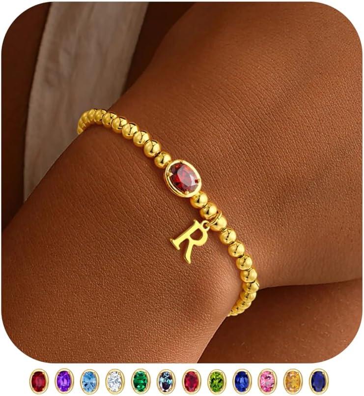 imageM MOOHAM Valentines Gifts for Her Women Kids Initial Birthstone Bracelet Elastic 14KGoldPlated Bead Bracelets Birthstone Bracelets Jewelry Valentines Gifts for Mom Sister Wife Girlfriend Teen GirlR