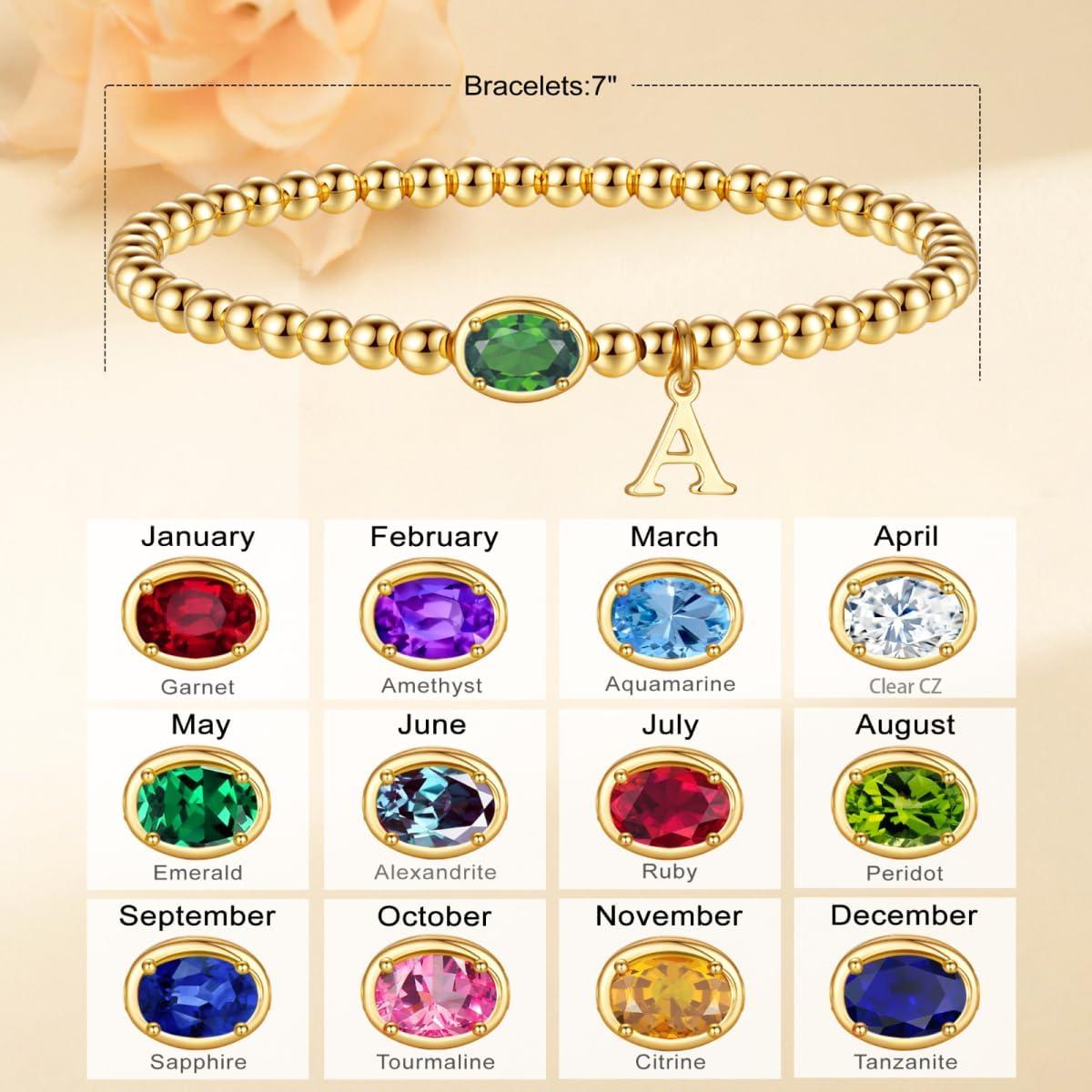 imageM MOOHAM Valentines Gifts for Her Women Kids Initial Birthstone Bracelet Elastic 14KGoldPlated Bead Bracelets Birthstone Bracelets Jewelry Valentines Gifts for Mom Sister Wife Girlfriend Teen GirlT