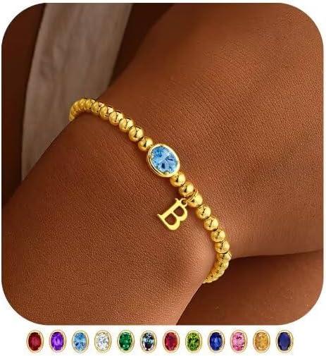 imageM MOOHAM Valentines Gifts for Her Women Kids Initial Birthstone Bracelet Elastic 14KGoldPlated Bead Bracelets Birthstone Bracelets Jewelry Valentines Gifts for Mom Sister Wife Girlfriend Teen GirlB