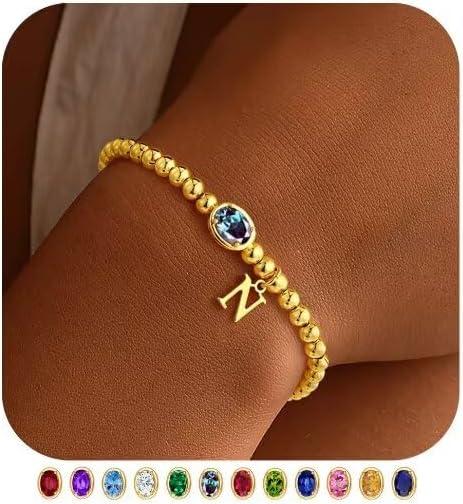 imageM MOOHAM Valentines Gifts for Her Women Kids Initial Birthstone Bracelet Elastic 14KGoldPlated Bead Bracelets Birthstone Bracelets Jewelry Valentines Gifts for Mom Sister Wife Girlfriend Teen GirlN