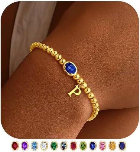 imageM MOOHAM Valentines Gifts for Her Women Kids Initial Birthstone Bracelet Elastic 14KGoldPlated Bead Bracelets Birthstone Bracelets Jewelry Valentines Gifts for Mom Sister Wife Girlfriend Teen GirlP