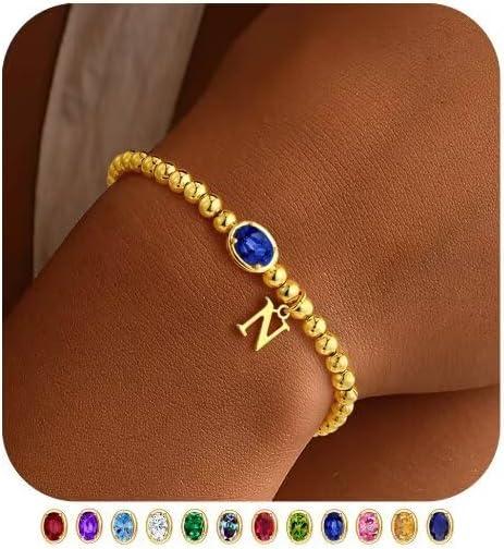 imageM MOOHAM Valentines Gifts for Her Women Kids Initial Birthstone Bracelet Elastic 14KGoldPlated Bead Bracelets Birthstone Bracelets Jewelry Valentines Gifts for Mom Sister Wife Girlfriend Teen GirlN
