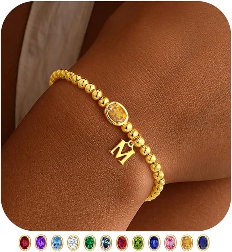 imageM MOOHAM Valentines Gifts for Her Women Kids Initial Birthstone Bracelet Elastic 14KGoldPlated Bead Bracelets Birthstone Bracelets Jewelry Valentines Gifts for Mom Sister Wife Girlfriend Teen GirlM