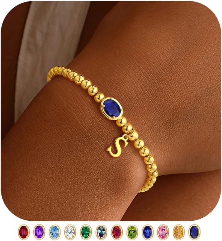 imageM MOOHAM Valentines Gifts for Her Women Kids Initial Birthstone Bracelet Elastic 14KGoldPlated Bead Bracelets Birthstone Bracelets Jewelry Valentines Gifts for Mom Sister Wife Girlfriend Teen GirlS