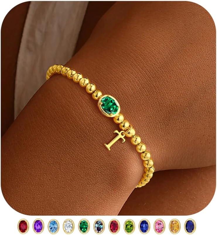 imageM MOOHAM Valentines Gifts for Her Women Kids Initial Birthstone Bracelet Elastic 14KGoldPlated Bead Bracelets Birthstone Bracelets Jewelry Valentines Gifts for Mom Sister Wife Girlfriend Teen GirlT