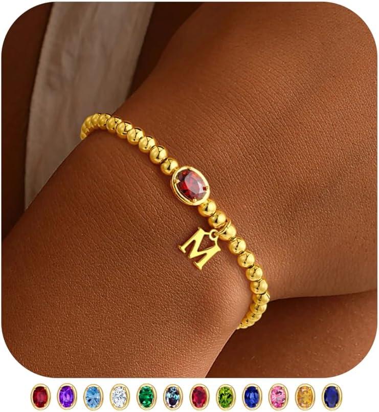 imageM MOOHAM Valentines Gifts for Her Women Kids Initial Birthstone Bracelet Elastic 14KGoldPlated Bead Bracelets Birthstone Bracelets Jewelry Valentines Gifts for Mom Sister Wife Girlfriend Teen GirlM